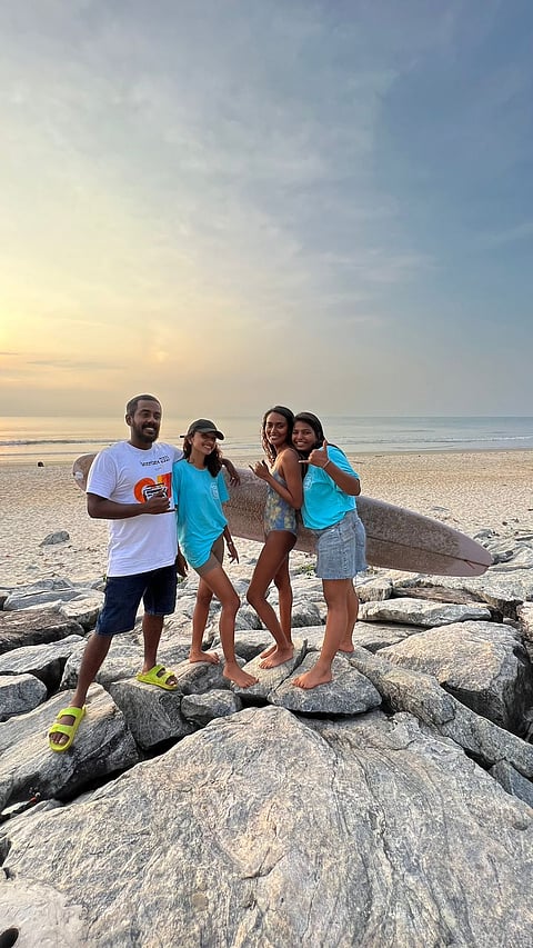 Jahanvi (far right) at the Shaka Surf Club with founder, Tushar (far left) and Ishita Malaviya (centre right)